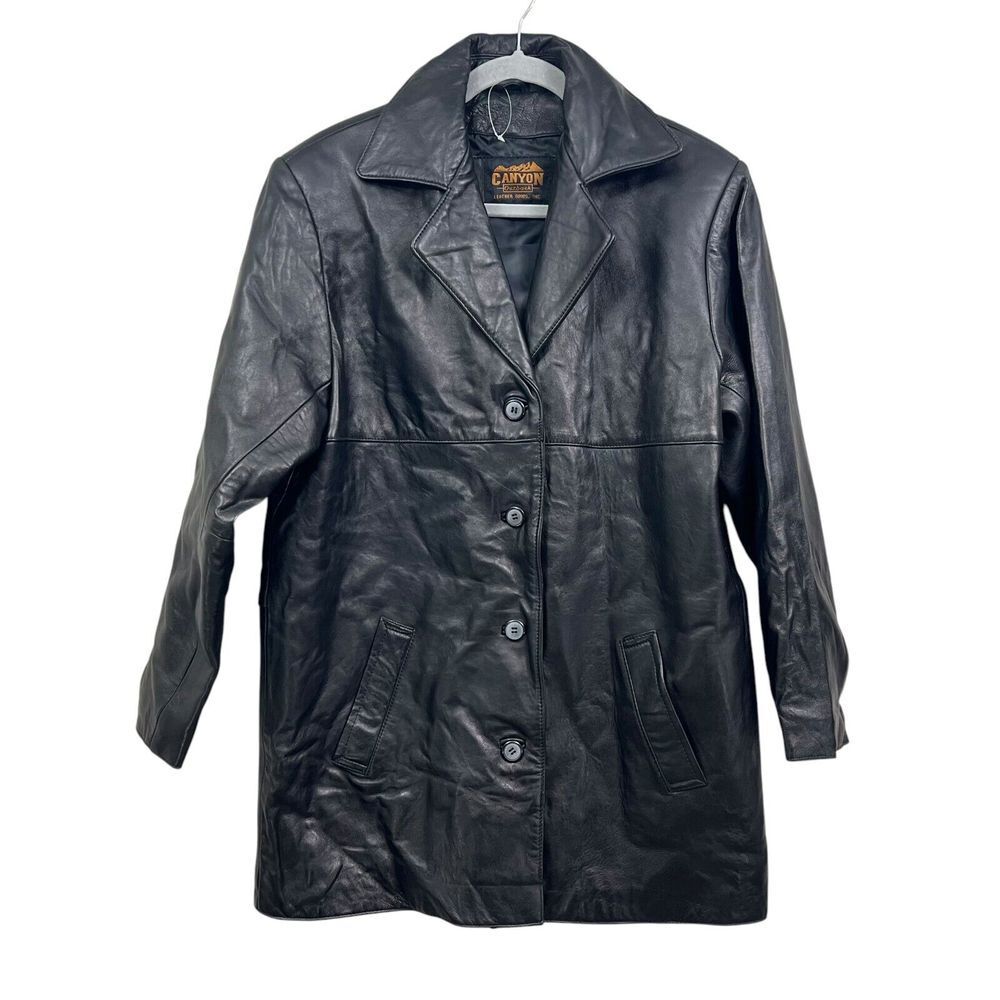 Canyon‎ Outback Mens Lamb Leather Jacket Collared Button Pockets Black Sz L